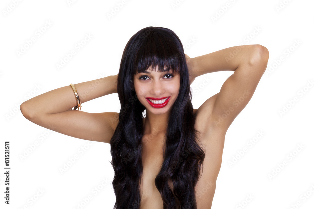 Fototapeta premium Smiling Topless African American Woman Hair Over Breasts