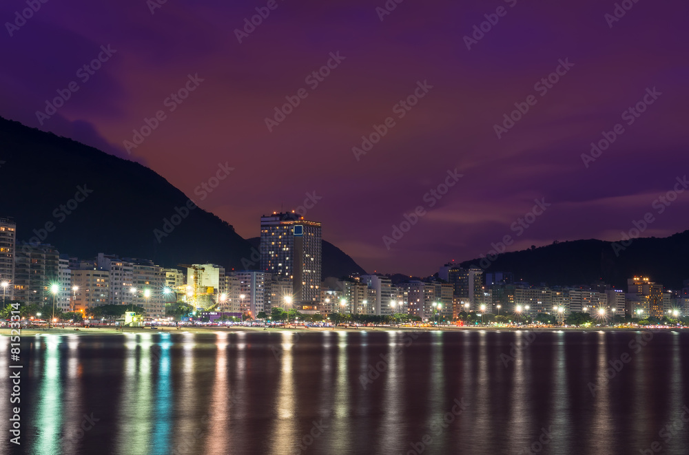 Night view of Copacabana beach in Rio de Janeiro, Brazil