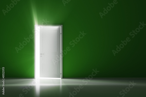 Rays of light through the open white door on green wall