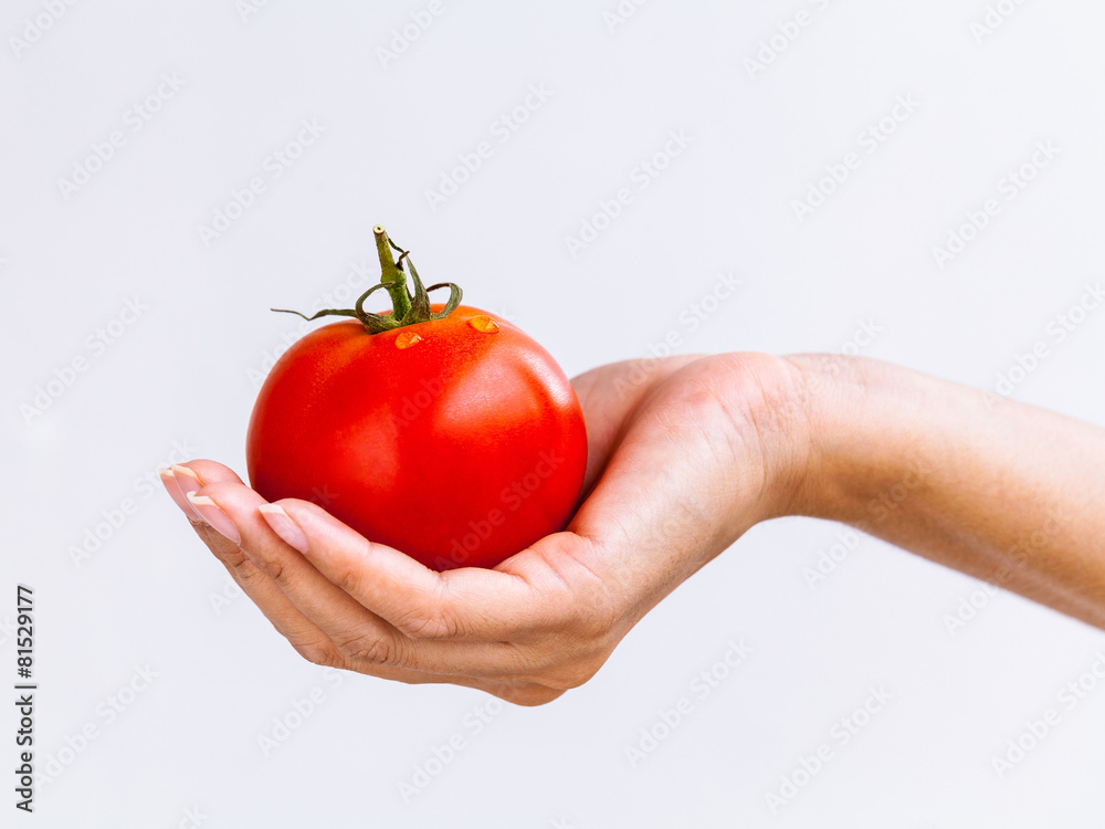 The Girl holding tomato. - Healthy food concept. The Girl holding tomato. - Healthy food concept.
