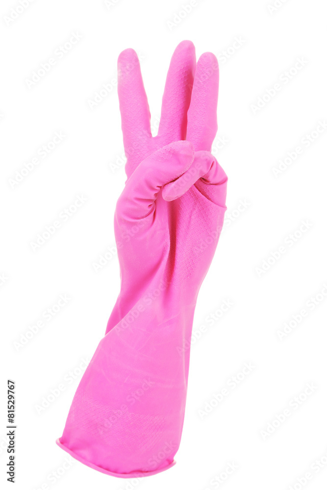 Rubber glove on hand, isolated on white Rubber glove on hand, isolated on white