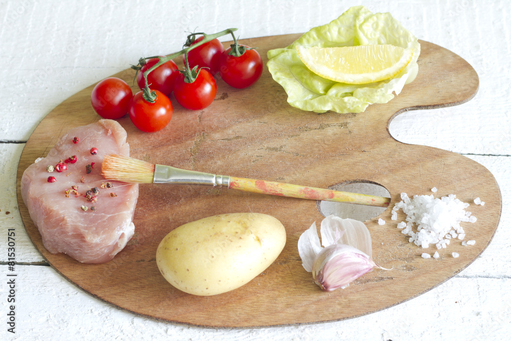 Assortment of food on paint palette culinary idea Assortment of food on paint palette culinary idea