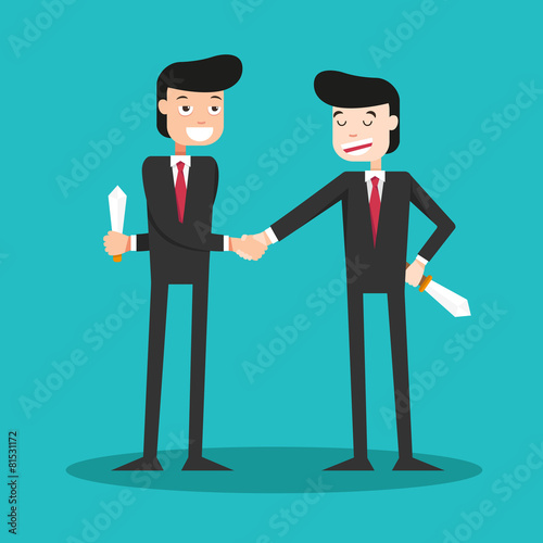 two-faced guys shaking hands in the business world