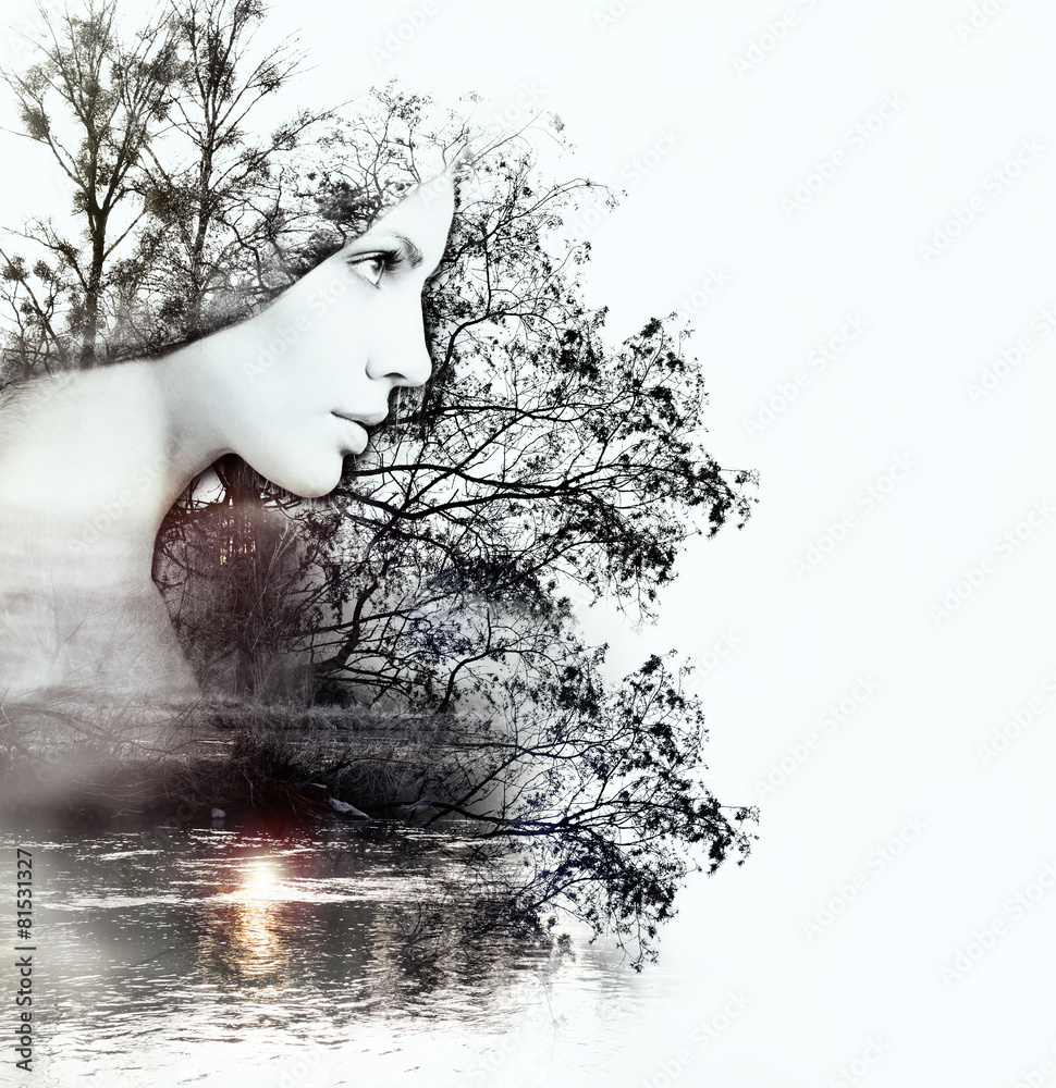 abstract double exposure of woman and nature at the sunset on th abstract double exposure of woman and nature at the sunset on th