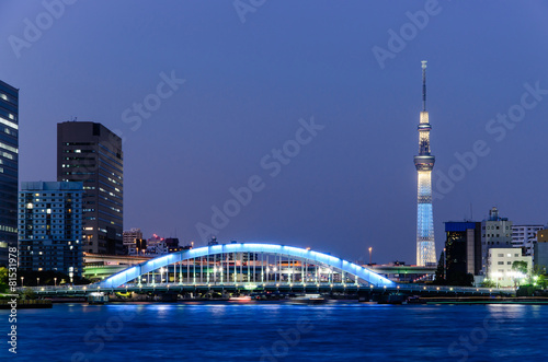 Beutiful view of Tokyo Skyline and Sumida Reiver in the evening