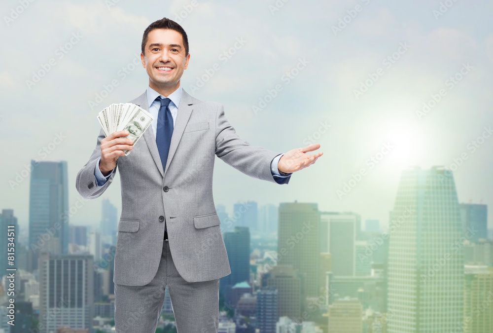 smiling businessman with american dollar money smiling businessman with american dollar money
