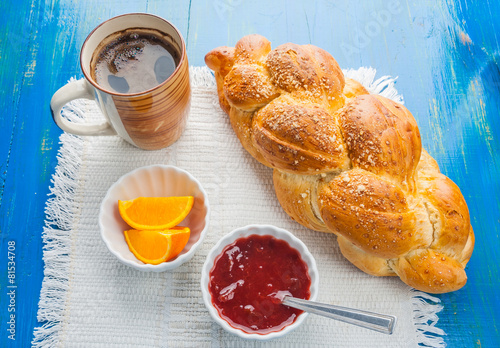 coffee and challah. breakfast table photo