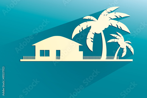 Styled bungalows and palm trees white with flat shadows on a