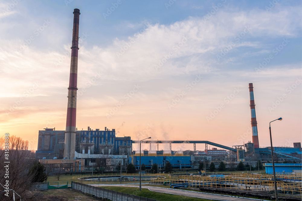 CHP with high chimneys at dusk