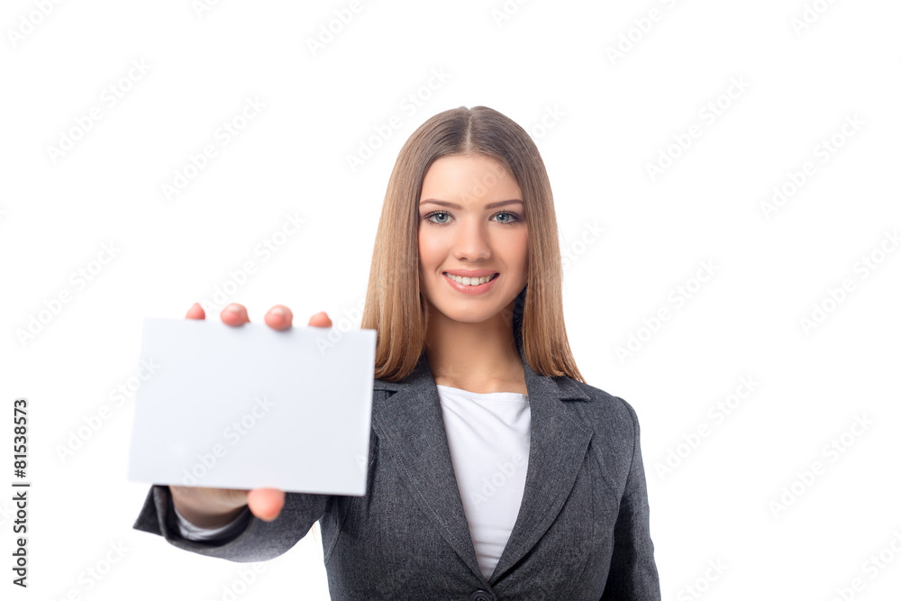 Businesswoman holding a blank sheet of paper