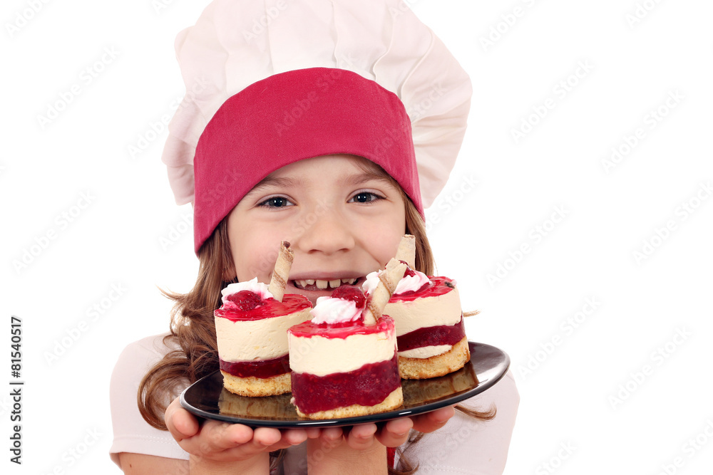 happy little girl cook with sweet raspberry cake happy little girl cook with sweet raspberry cake