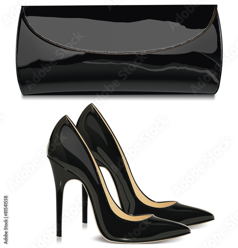 Pair of black female high-heeled shoes and  mini bag