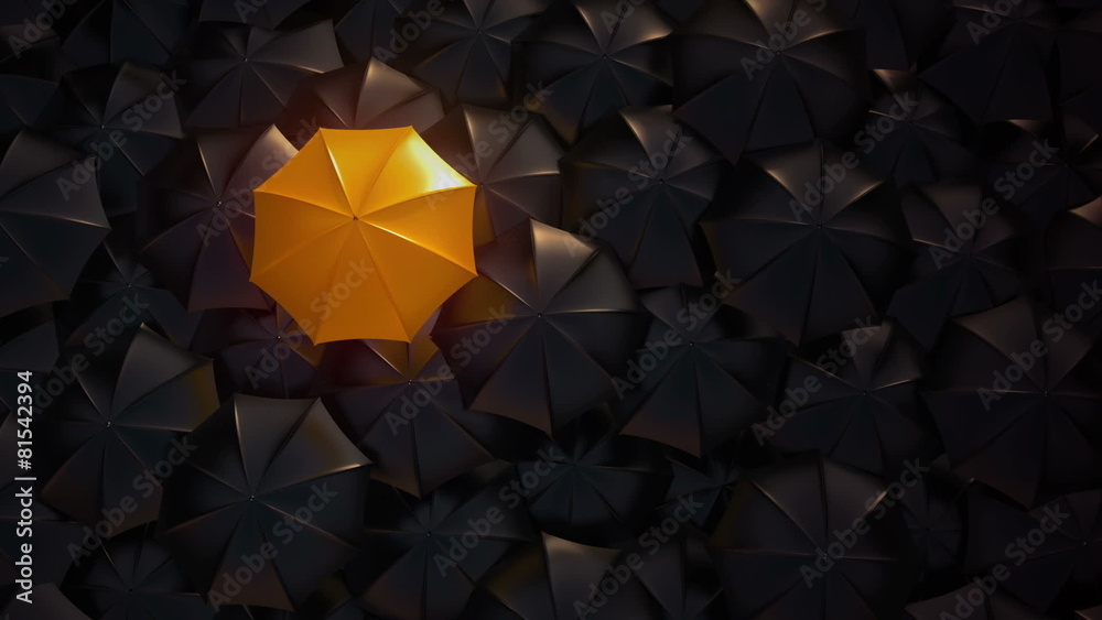 Orange umbrella standing out from crowd mass concept