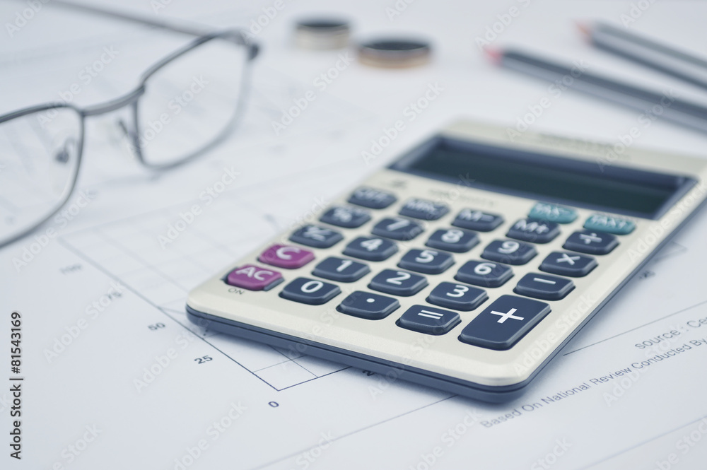 Calculator button plus, glasses coin pencil and mouse on graph p Calculator button plus, glasses coin pencil and mouse on graph p
