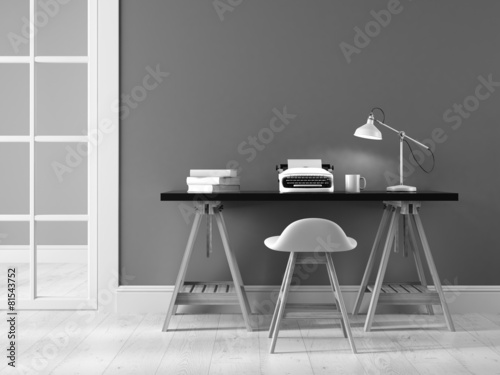 Bblack and white interior with typewriter 3D rendering photo