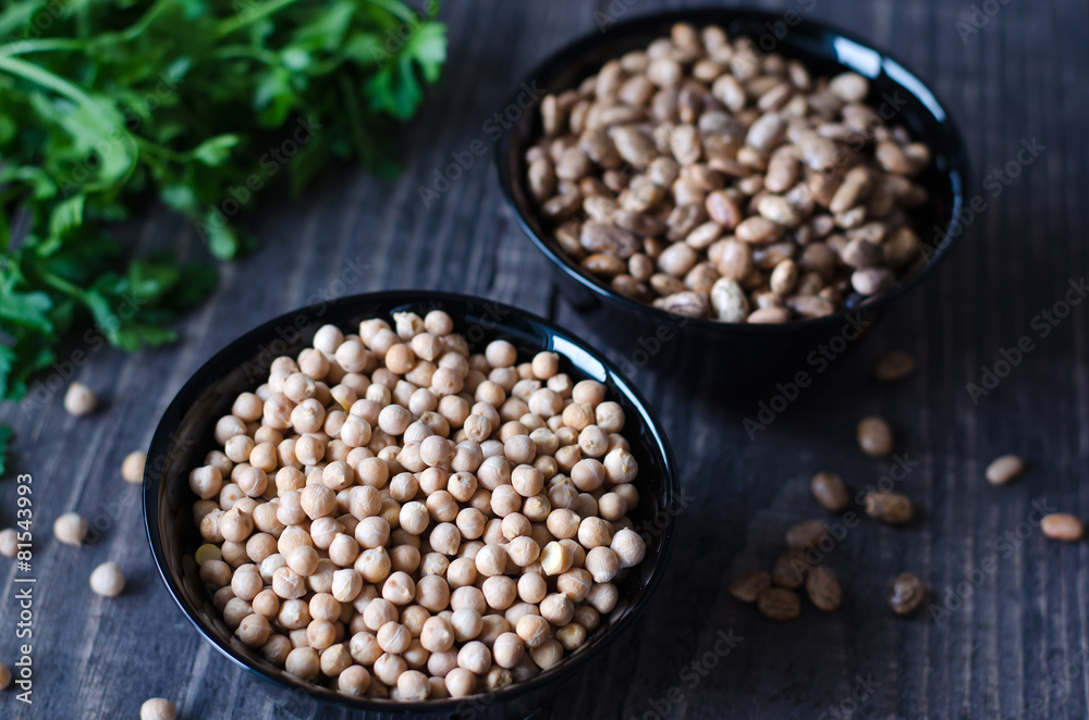 chickpeas and beans in bowls