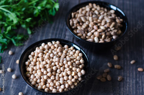 chickpeas and beans in bowls
