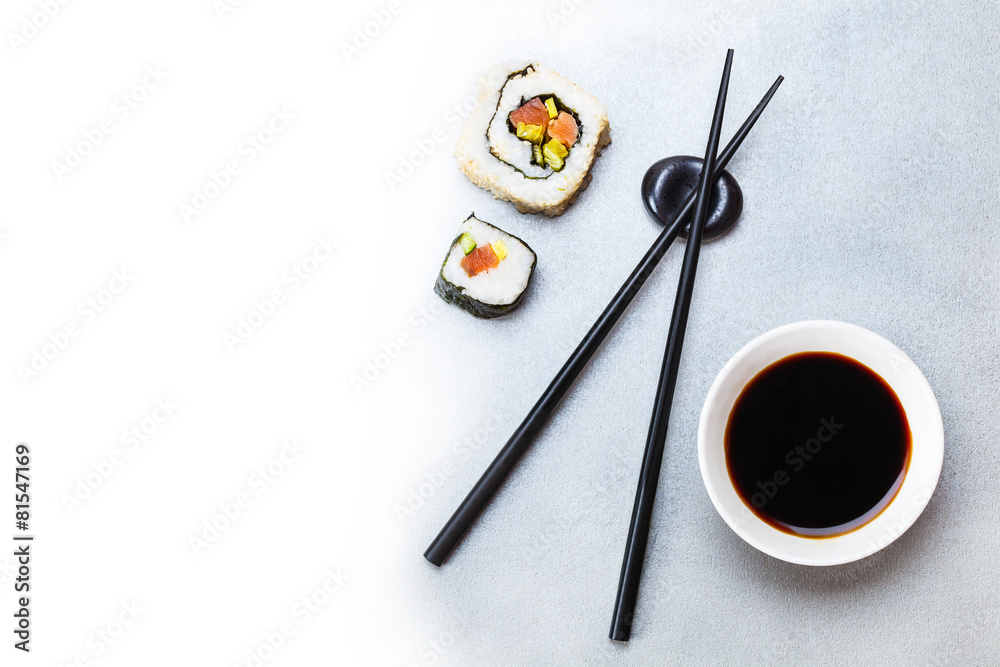 two roll, soy sauce and chopsticks two roll, soy sauce and chopsticks
