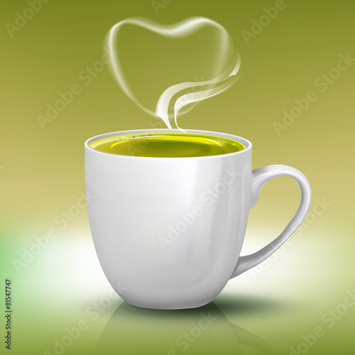 Realistic cup of green tea with heart shape steam