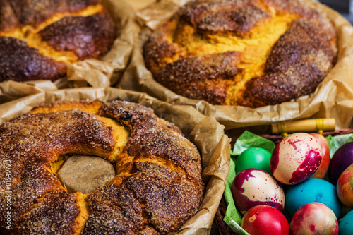 Traditional Easter Bread. Еaster cake with Еaster eggs
