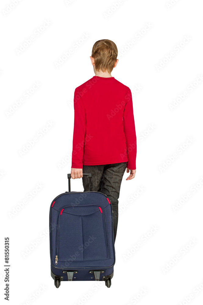 Boy holding travel bag walking away isolated on white Boy holding travel bag walking away isolated on white