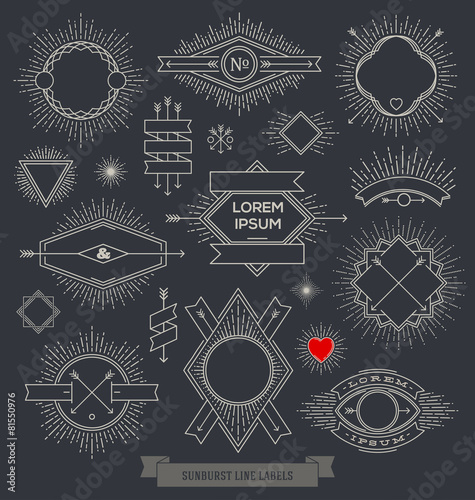 Set of emblem, sign and hipster labels with sunburst
