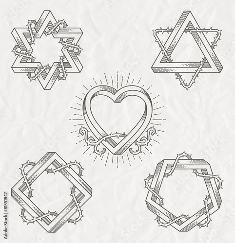 Tattoo style symbols with impossible shape and thorns branches