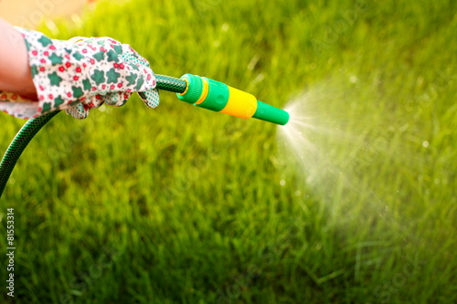 Watering the garden with a hand sprayer on a hose.