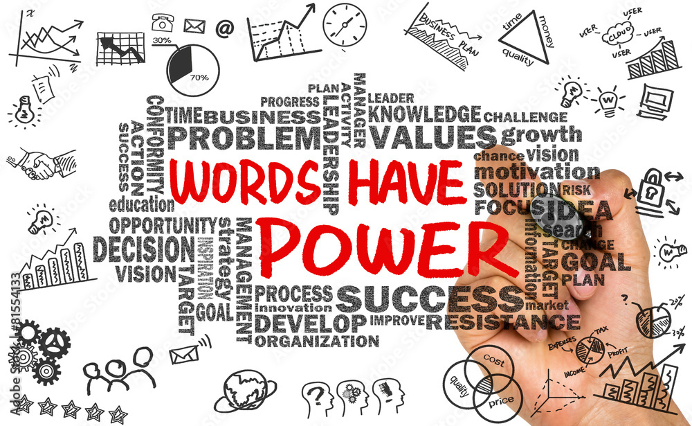 words have power with related word cloud hand drawing on whitebo