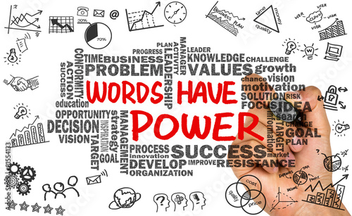 words have power with related word cloud hand drawing on whitebo