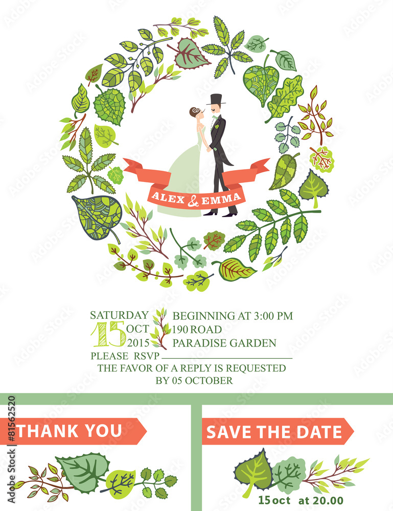 Fototapeta premium Cute wedding invitation with bride, groom ,green leaves wreath