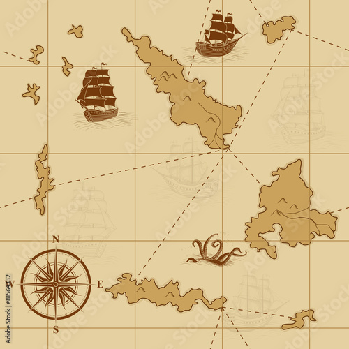 seamless old map with a compass and ships