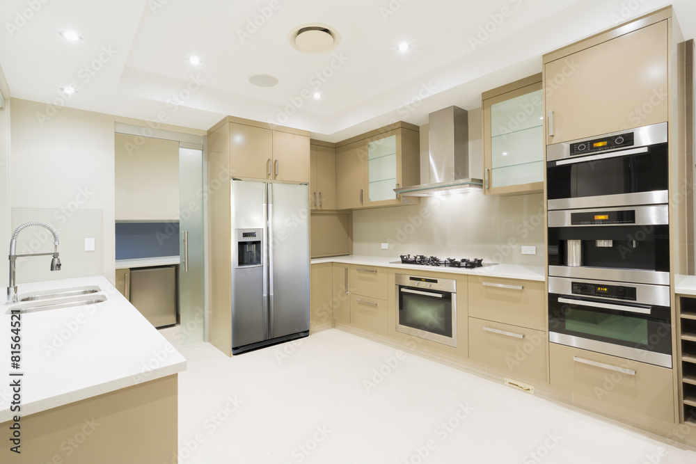 Modern white kitchen in new luxurious home - obrazy, fototapety, plakaty 
