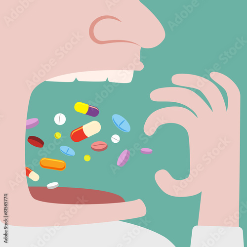 Close up of Man Throw a lot of pills in to his mouth