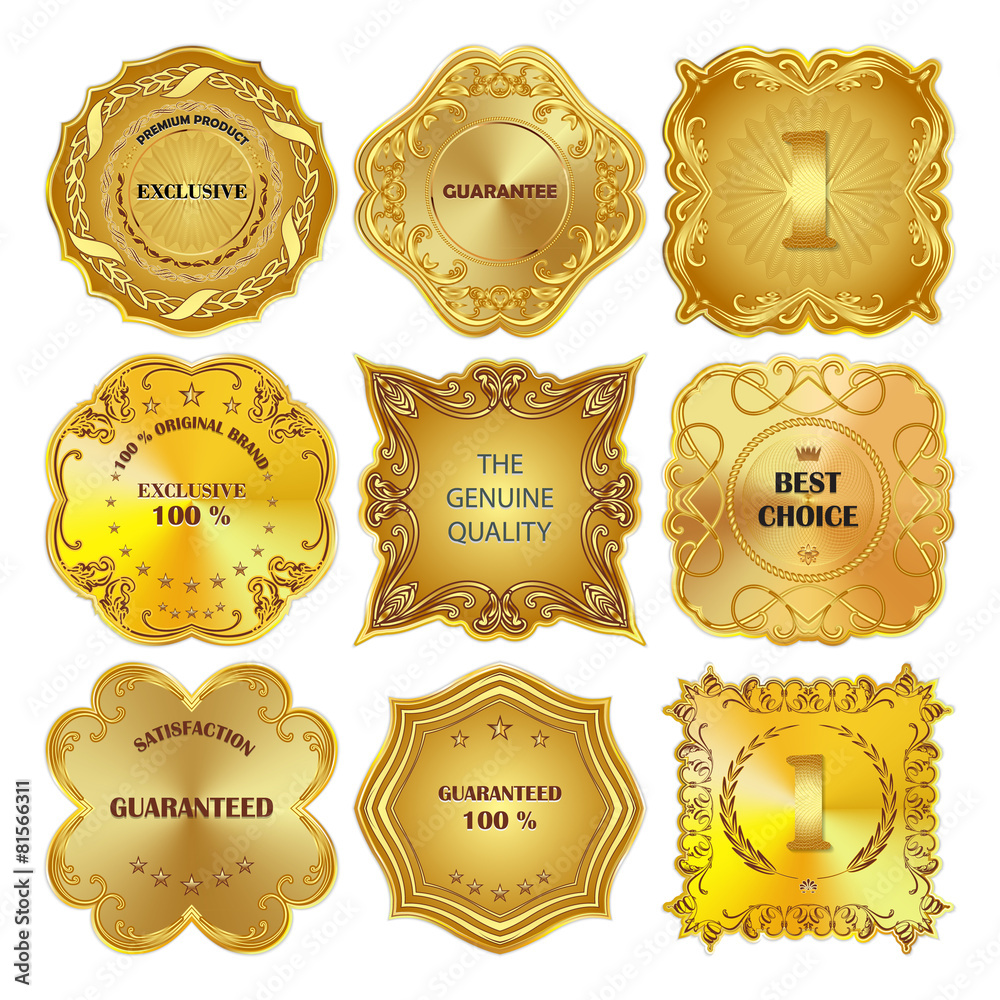 Set of golden metal design elements on white background.