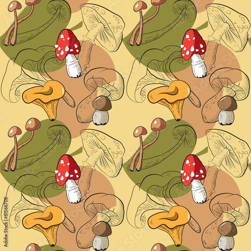 Seamless pattern with different mushrooms