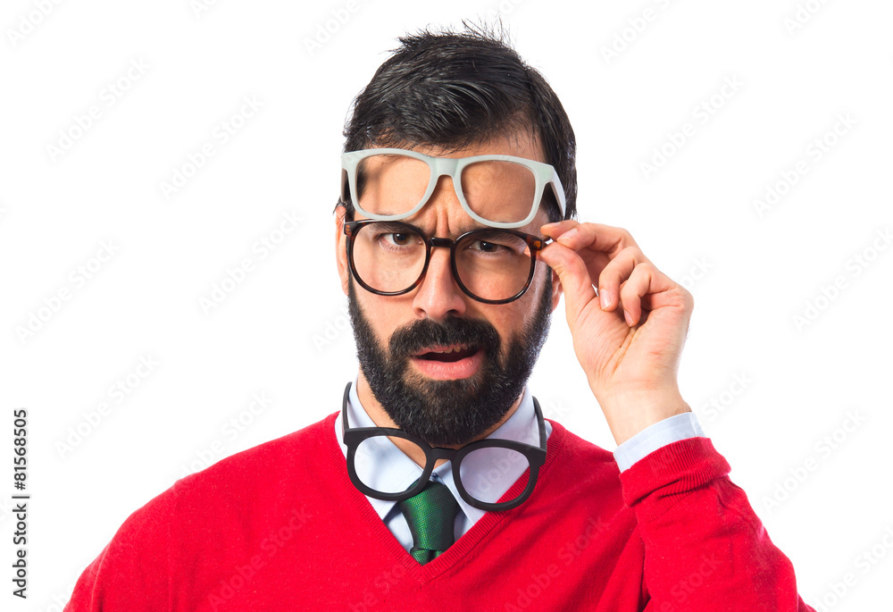 Hipster man with several glasses Hipster man with several glasses