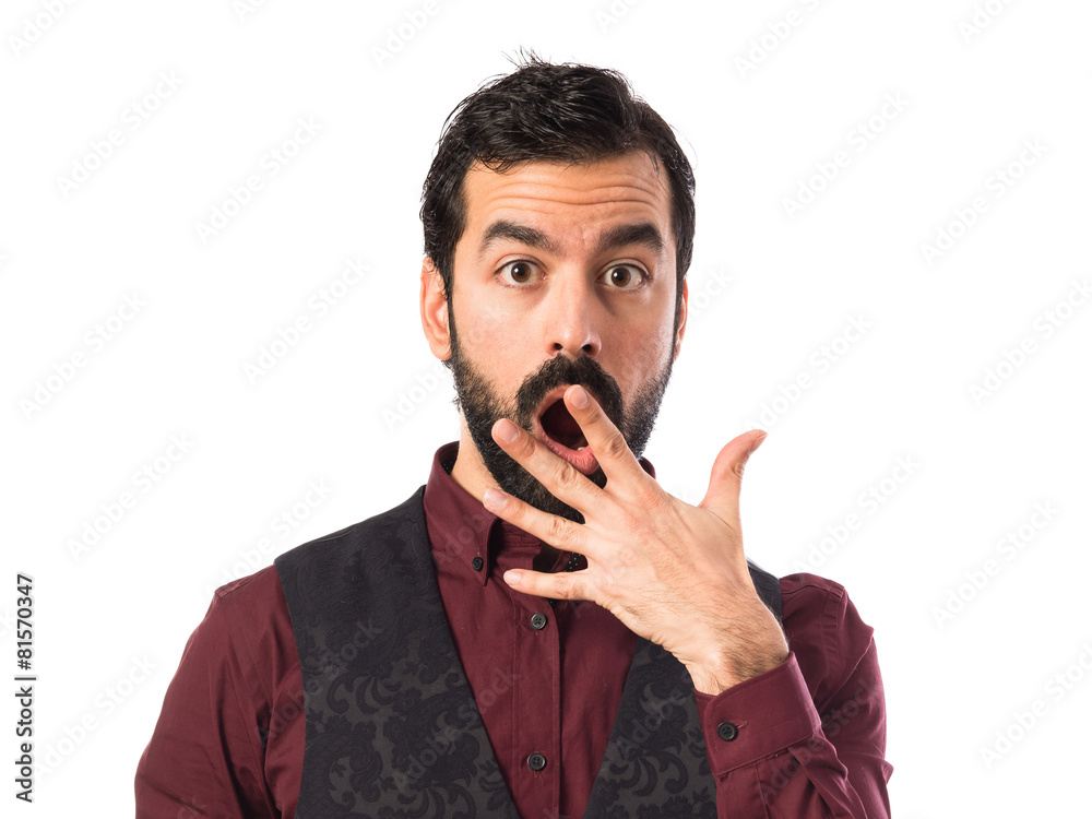 Man wearing waistcoat doing surprise gesture Man wearing waistcoat doing surprise gesture