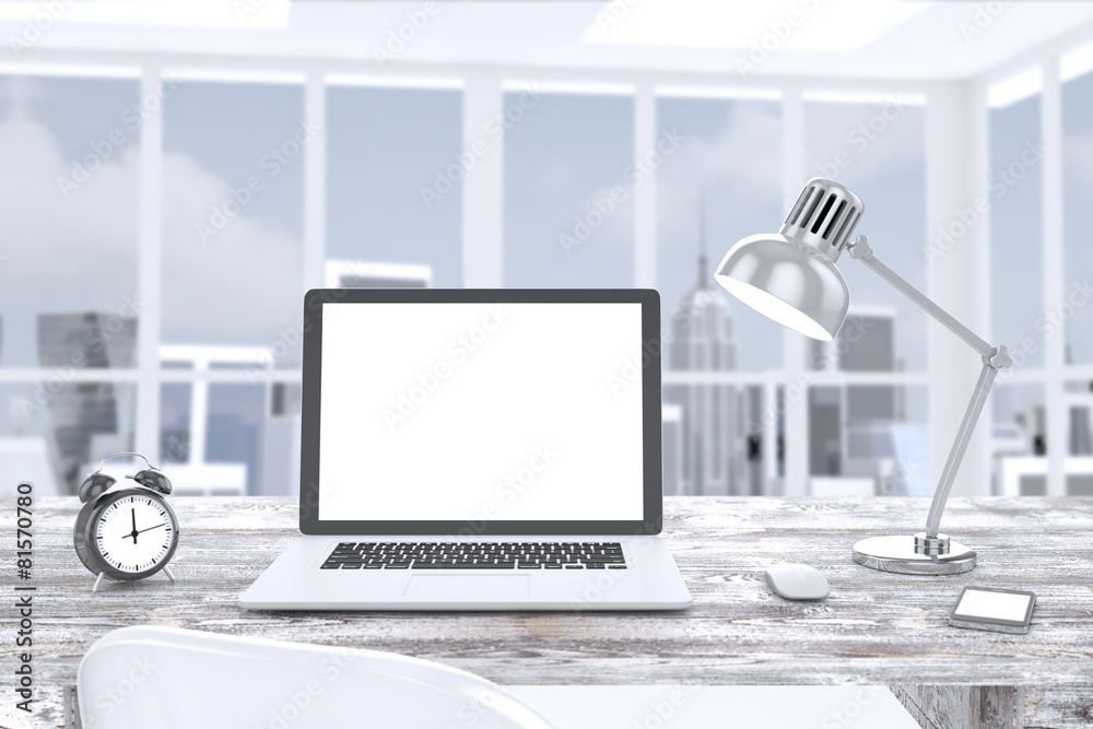 3D illustration laptop on table in office, Workspace 3D illustration laptop on table in office, Workspace