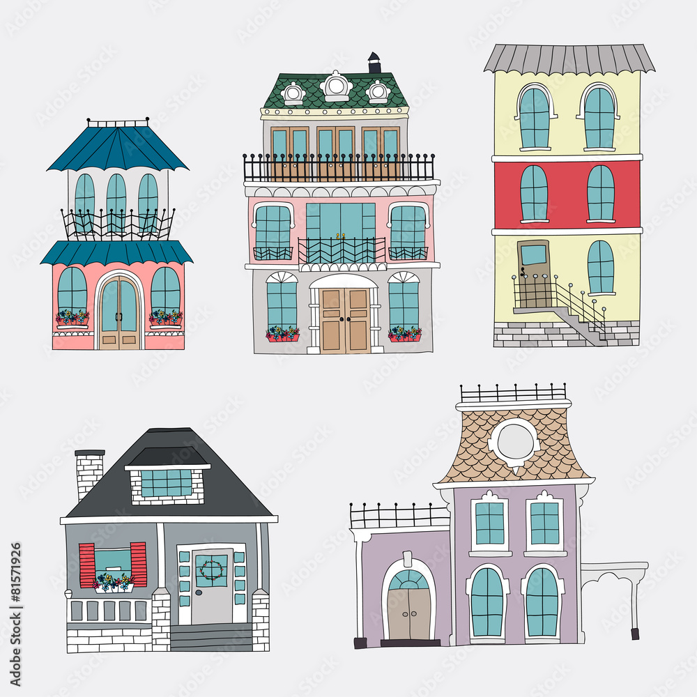 Set of hand drawing vintage houses.