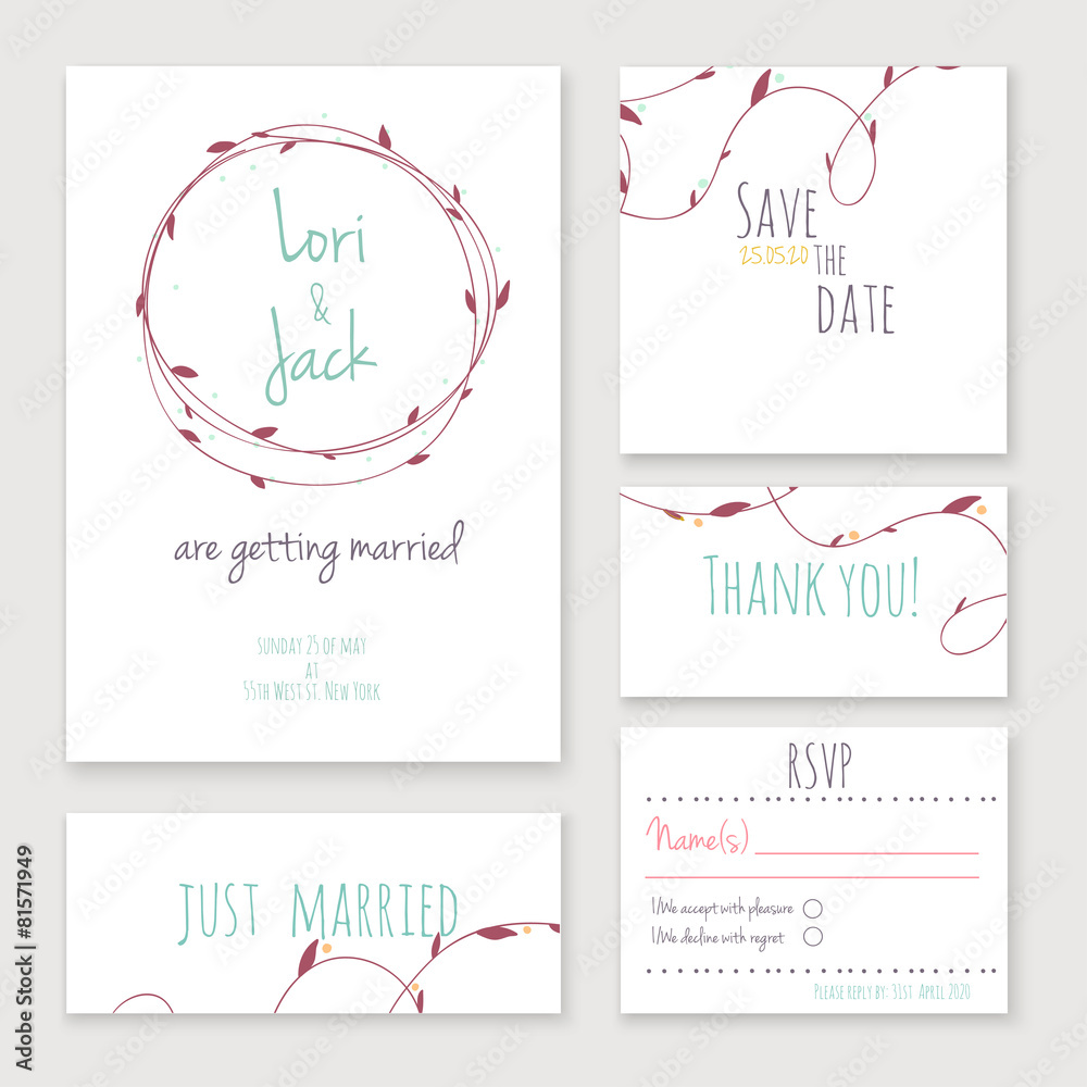 Wedding invitation card set. Wedding invitation card set.