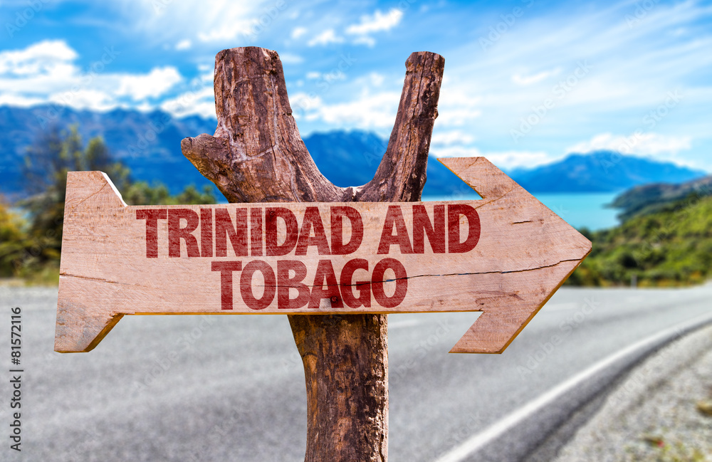 Trinidad and Tobago wooden sign with road background