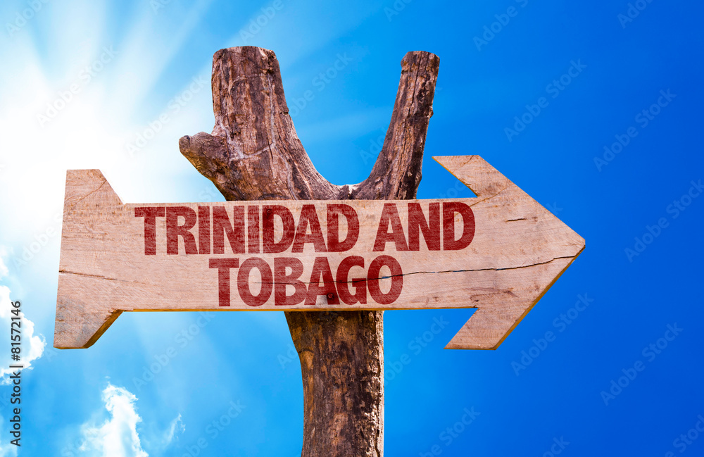Trinidad and Tobago wooden sign with sky background