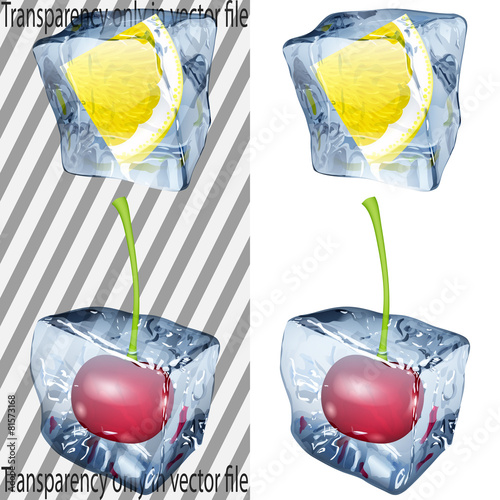 Transparent and opaque ice cubes with lemon and cherry