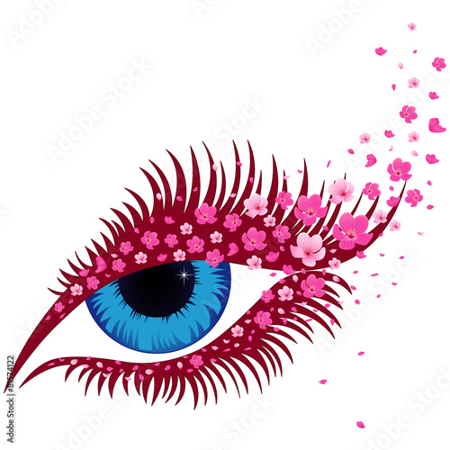 Female blue eye with small pink sakura flowers