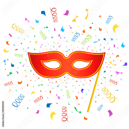 Bright carnival masks with confetti on white background, party