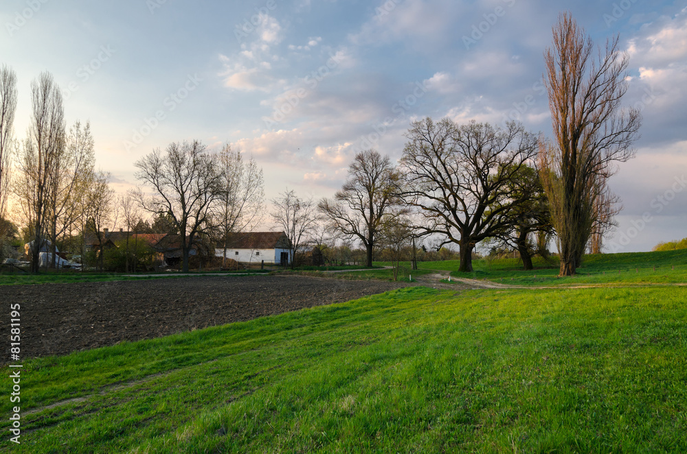 Spring landscape showing farm on countryside at dusk