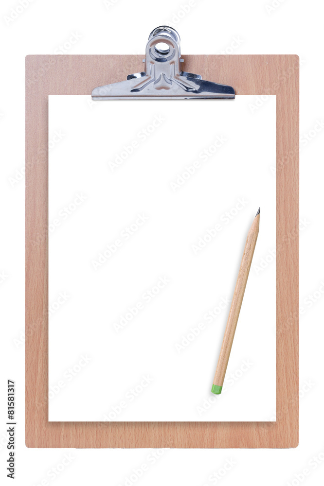 white paper with clipboard and pencil, isolated on white backgro white paper with clipboard and pencil, isolated on white backgro