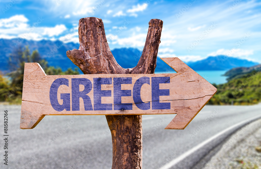 Greece wooden sign with road background