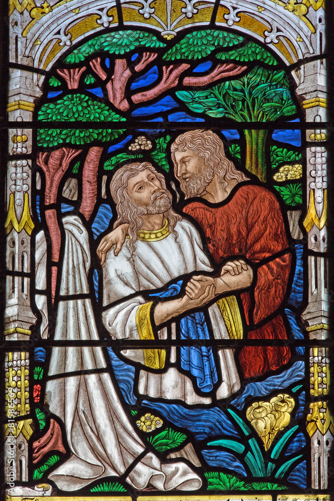 Jerusalem - baptism of Christ scene on the windowpane